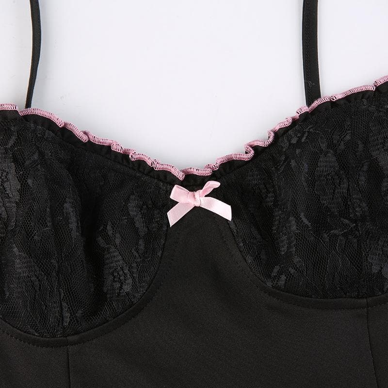 Low cut bowknot lace ruffled cami A line dress - View 6
