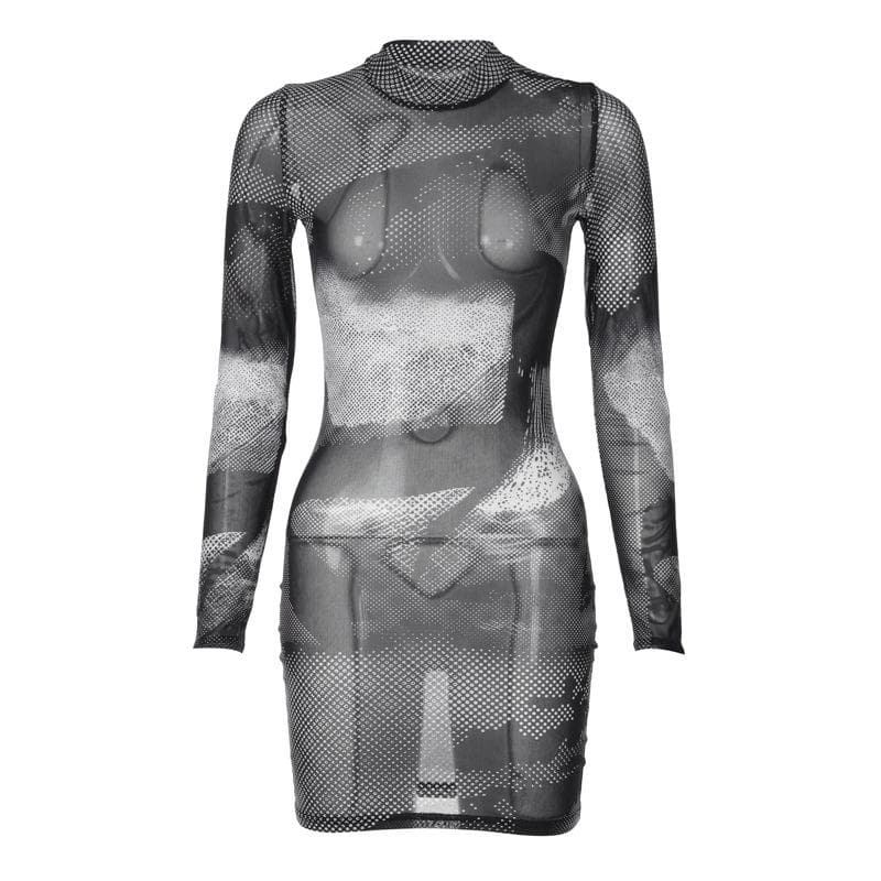 Long sleeve sheer mesh see through contrast polka dot mini dress - View 2