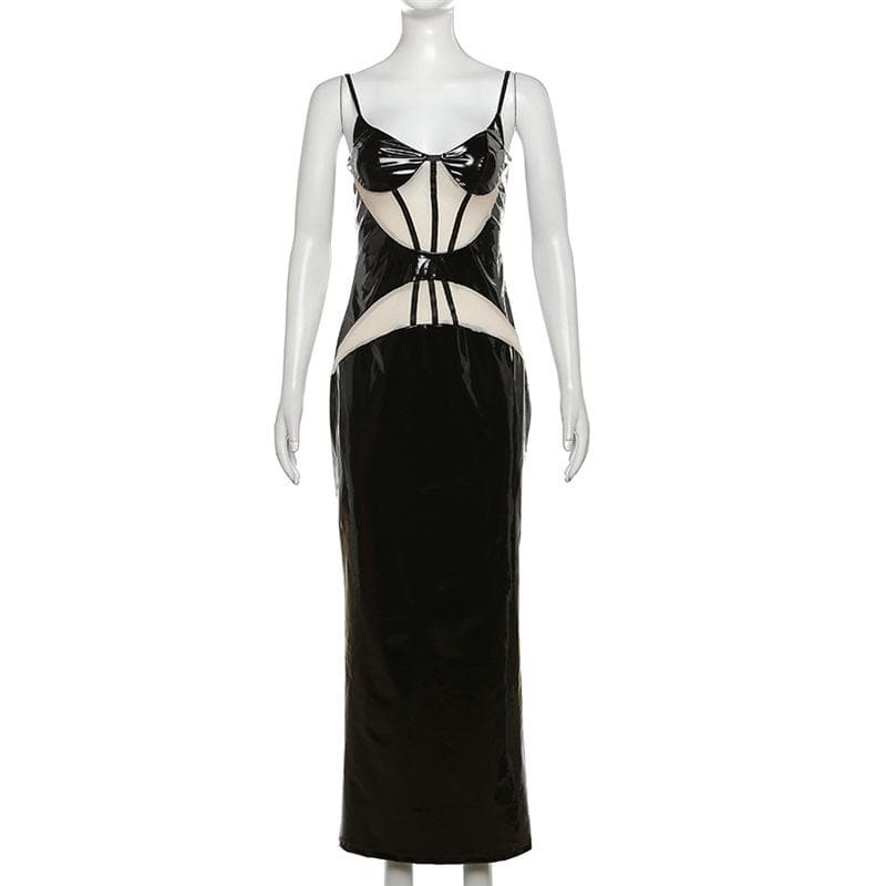 Mesh patchwork contrast PU leather low cut slit maxi dress - View 2