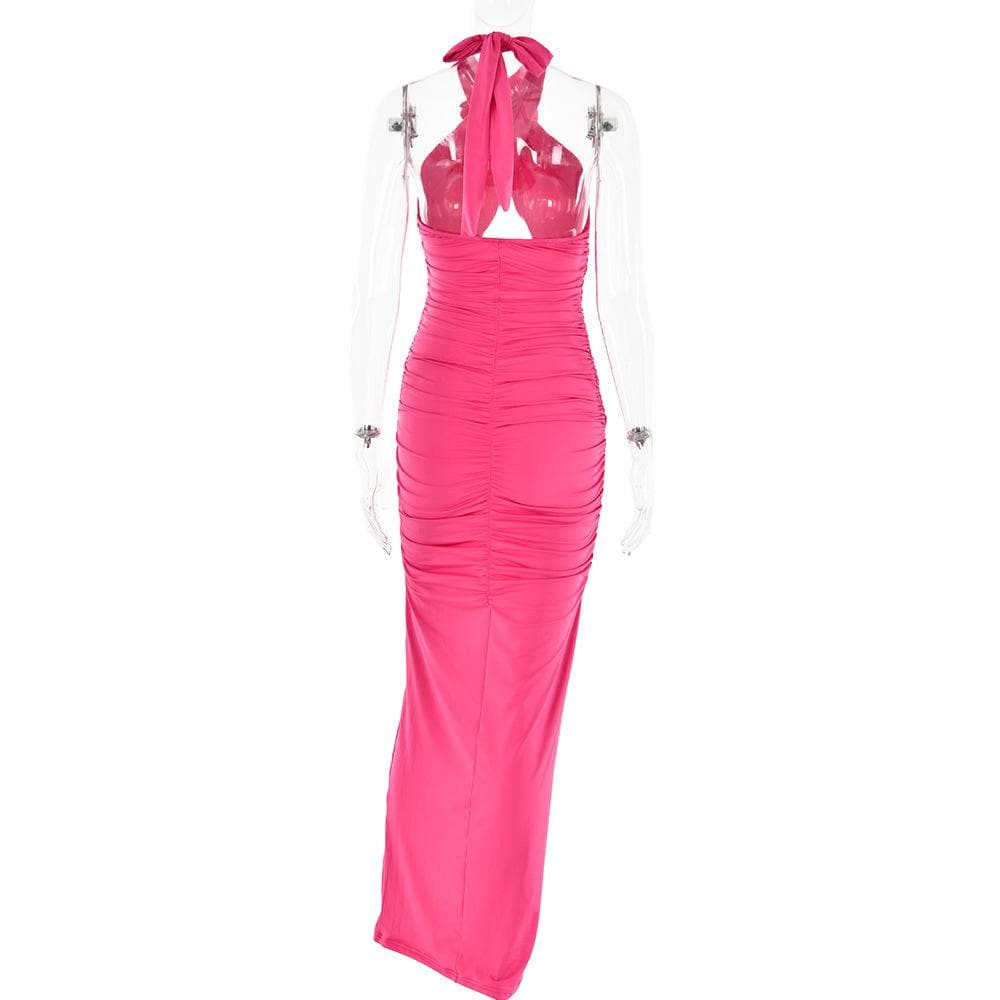 Halter Neck Flower Applique Cut Out Ruched Bodycon Maxi Dress - View 6