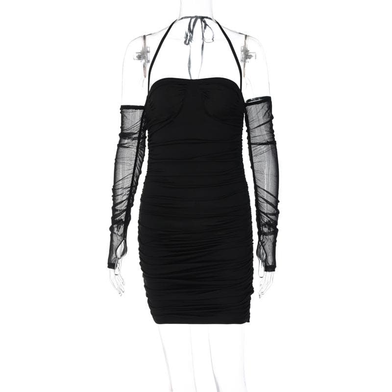 Mesh Glove Halter Neck Ruched Bodycon Mini Dress - View 3