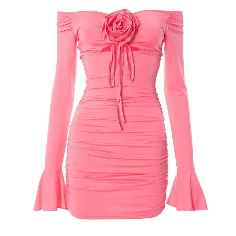 Flower Applique Off Shoulder Long Sleeve Cut Out Bodycon Mini Dress