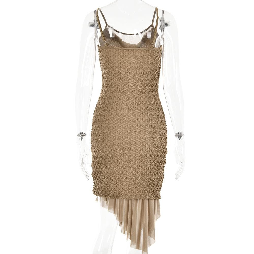 Textured mesh solid ruched irregular cami midi dress - View 4