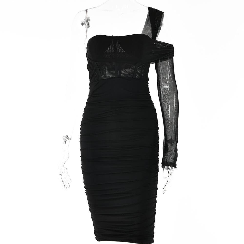 Irregular one shoulder ruched sheer mesh dress - Final Sale - View 3