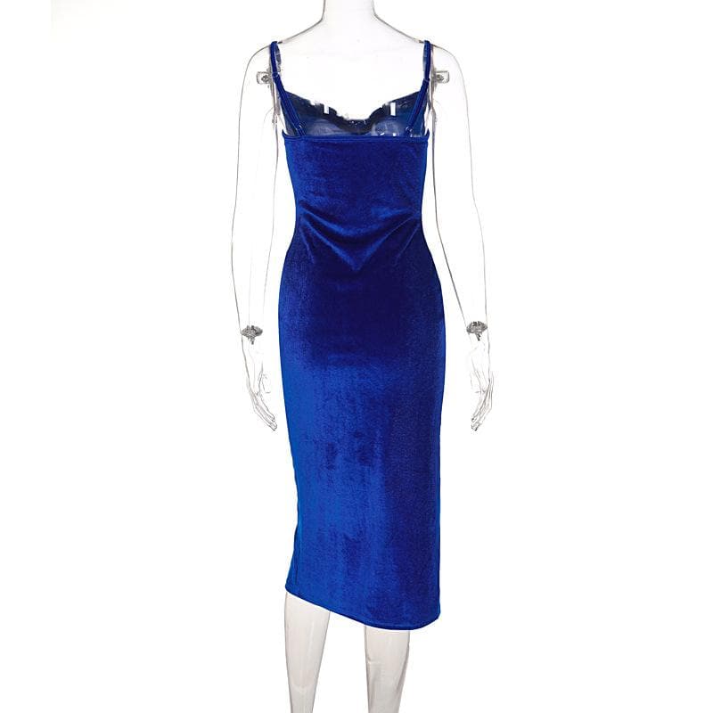 Sleeveless velvet slit cowl neck backless cami midi dress - View 6
