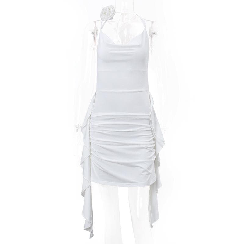 Rosette Cowl Neck Spaghetti Strap Ruched High Low Mini Dress - View 4