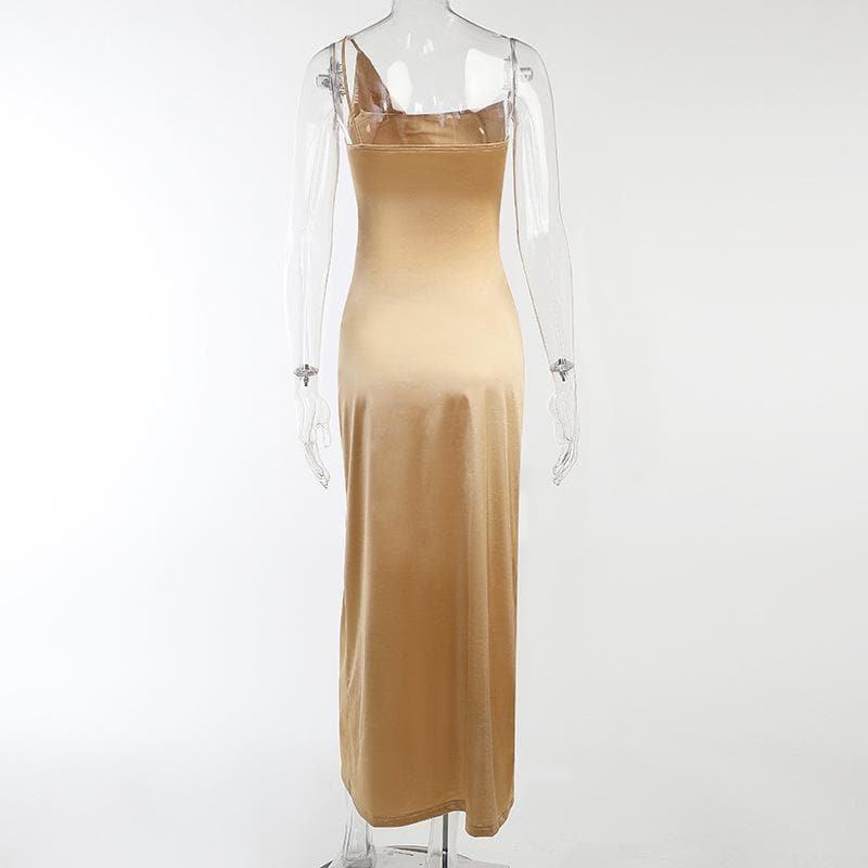 Sleeveless solid satin slit one shoulder ruched backless midi dress - View 4