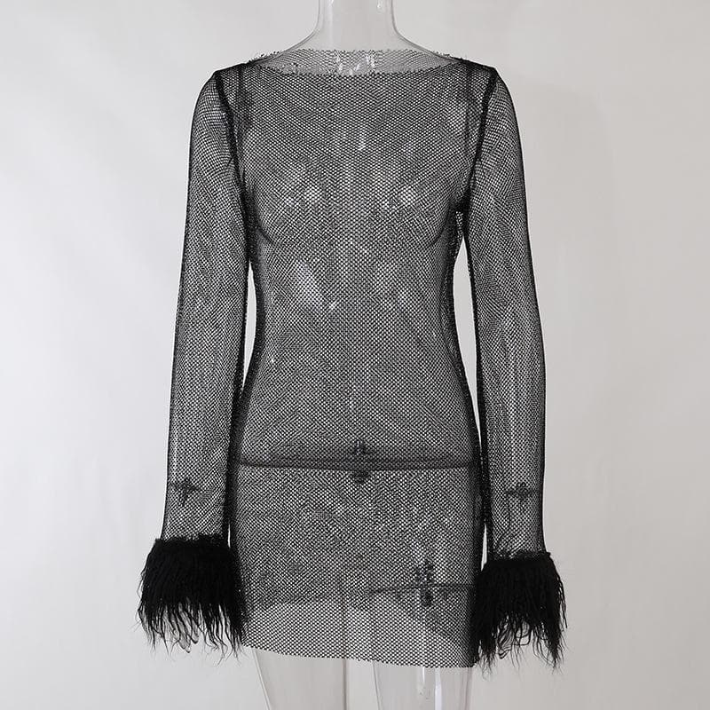 Long sleeve solid see through sheer mesh fluffy round neck mini dress - View 9