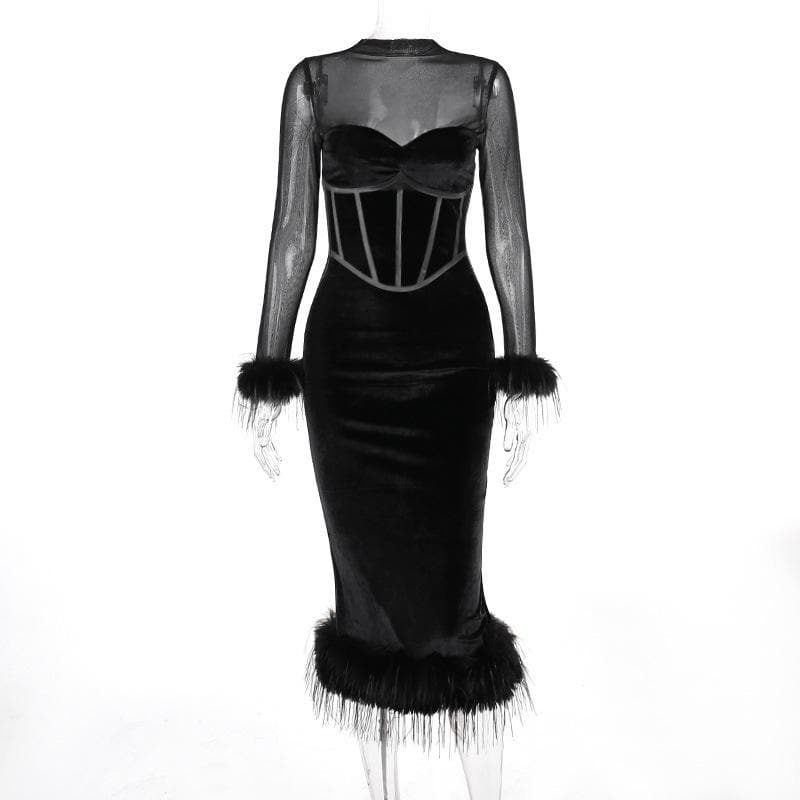 Long sleeve feather velvet mesh patchwork slit high neck midi dress - View 2