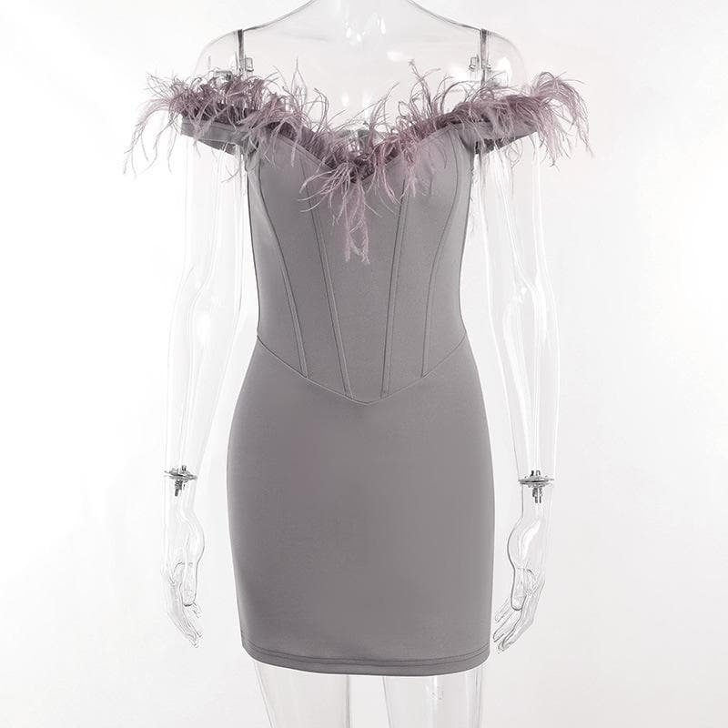 Feather Off Shoulder Sweetheart Corset Bodycon Mini Dress - View 3