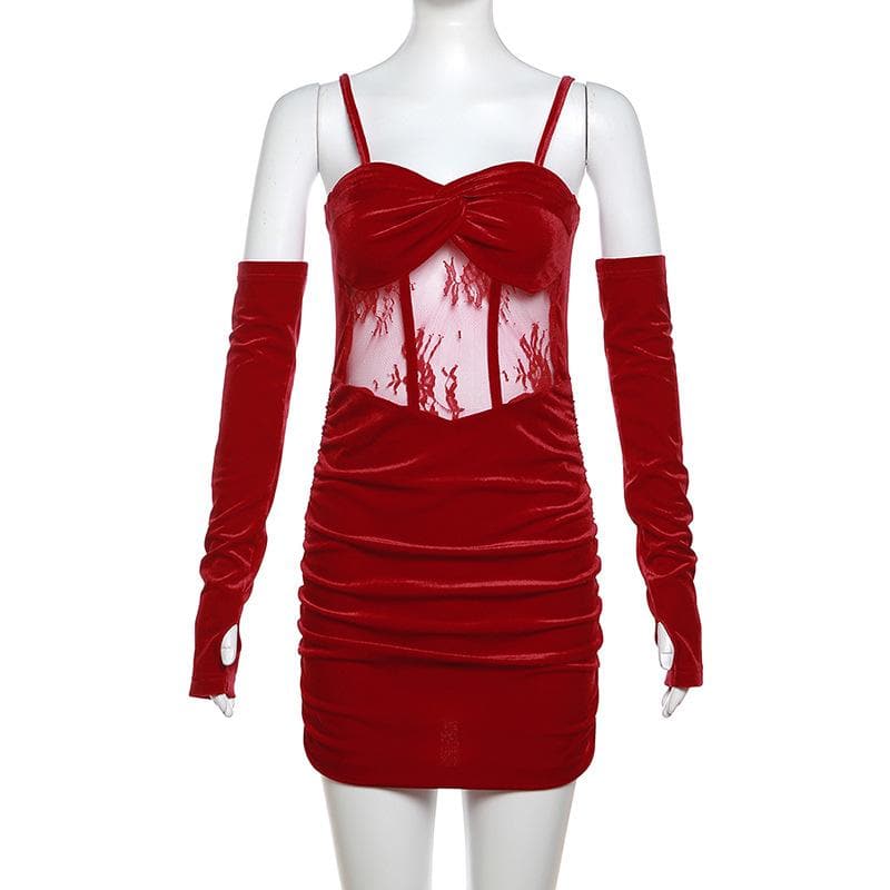 Velvet gloves ruched mesh backless cami mini dress - View 5
