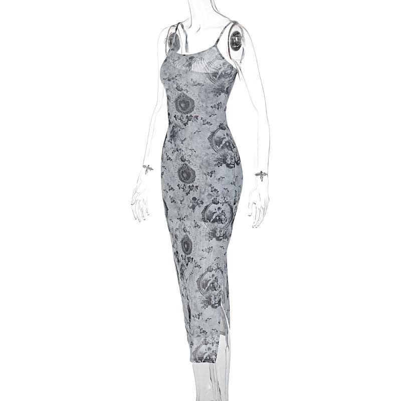 Slit contrast print sheer mesh see through u neck cami midi dress - View 3