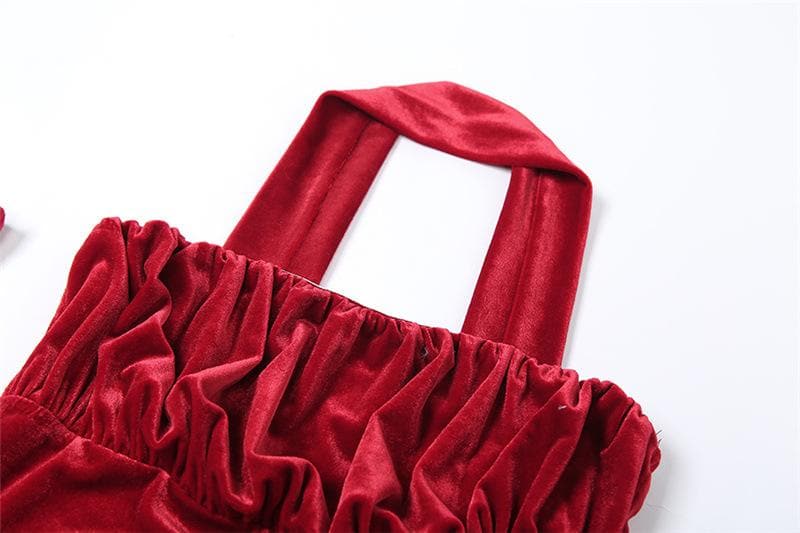Velvet Halter Neck Glove Sleeve Ruched Bodycon Mini Dress - View 5