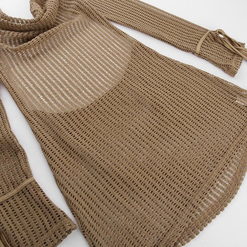 Crochet see through cowl neck long sleeve hollow out mini dress - View 5