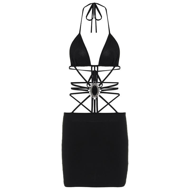Halter Neck Strappy Cut Out Stone Applique Bodycon Mini Dress - View 2