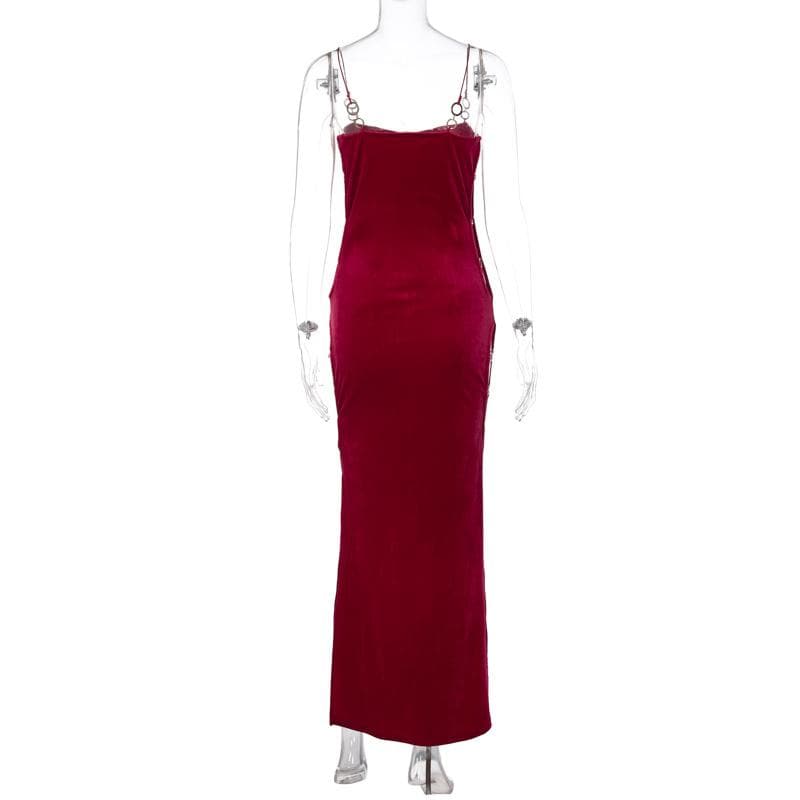 Velvet solid o ring hollow out slit backless maxi dress - View 4