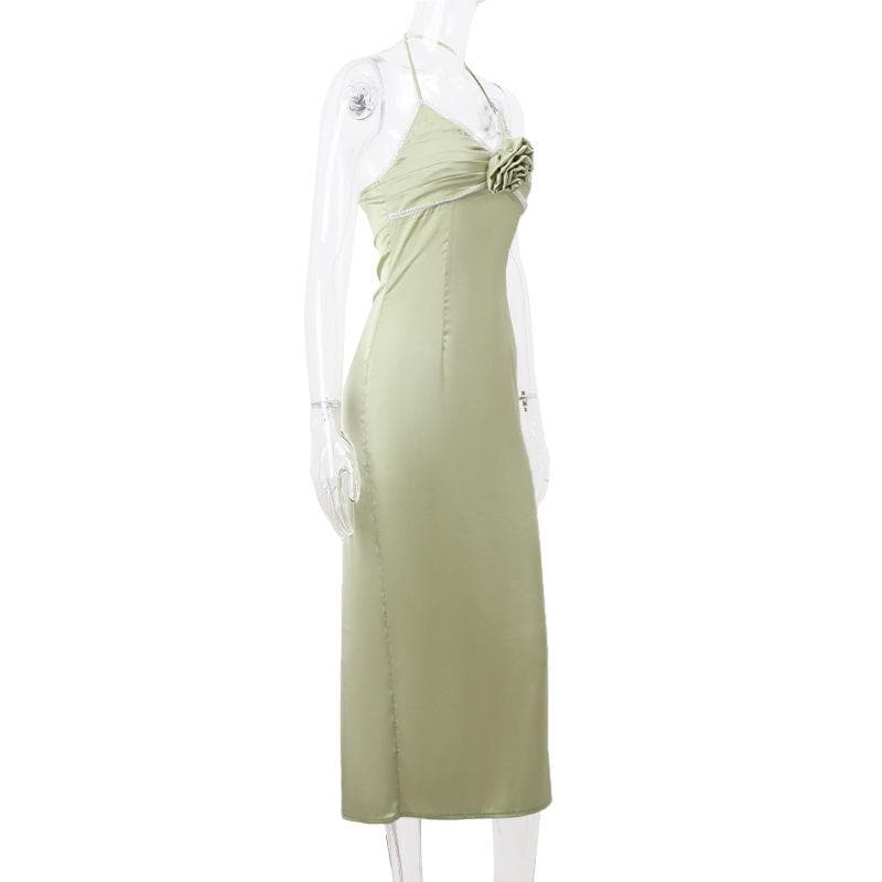 Satin Halter Neck Rosette Ruched Slip Midi Dress - View 7