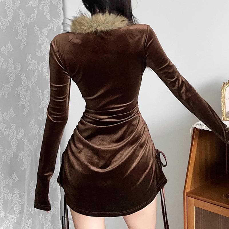 Feather long sleeve velvet ruched drawstring solid mini dress - View 3