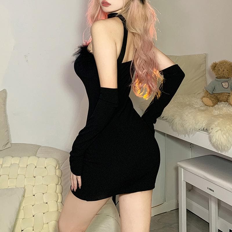 Knit Off Shoulder Feather Trim Long Sleeve Bodycon Mini Dress - View 3