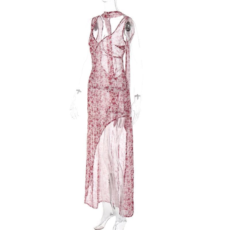 Chiffon flower print contrast backless v neck sleeveless maxi dress - View 3