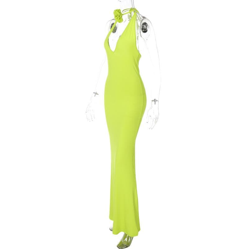 Deep V-Neck Halter Backless Rosette Bodycon Maxi Dress - View 5