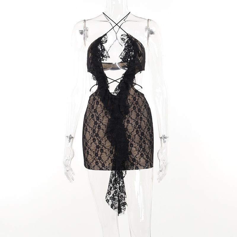 Cross front backless hollow out lace hem contrast mini dress - View 8