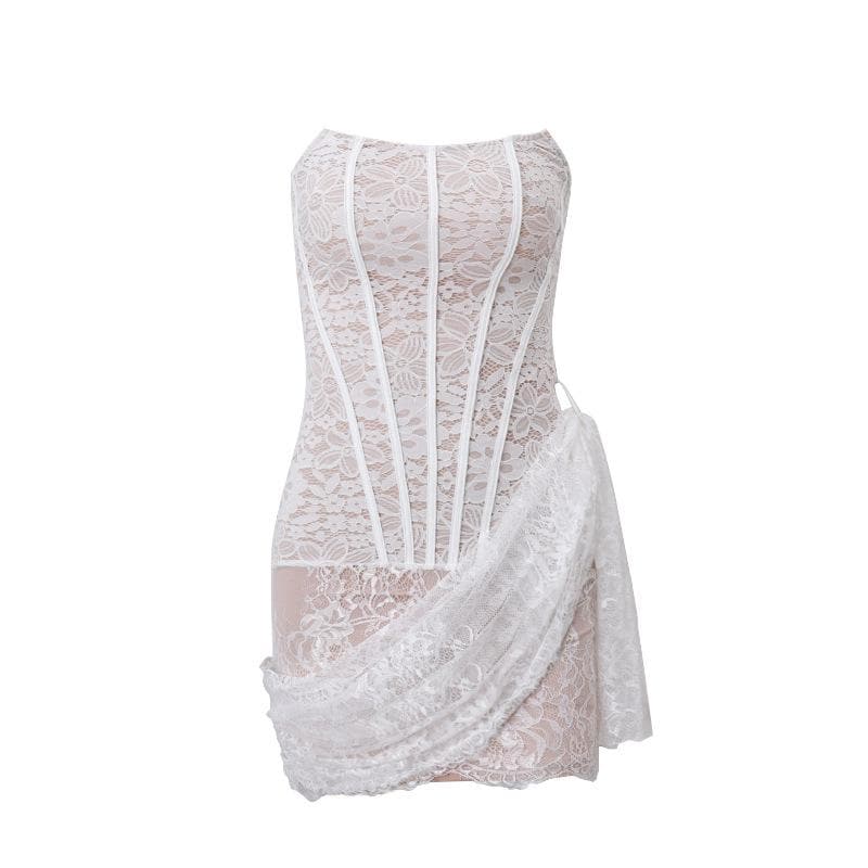 Irregular ruched backless lace up bustier tube mini dress - View 2