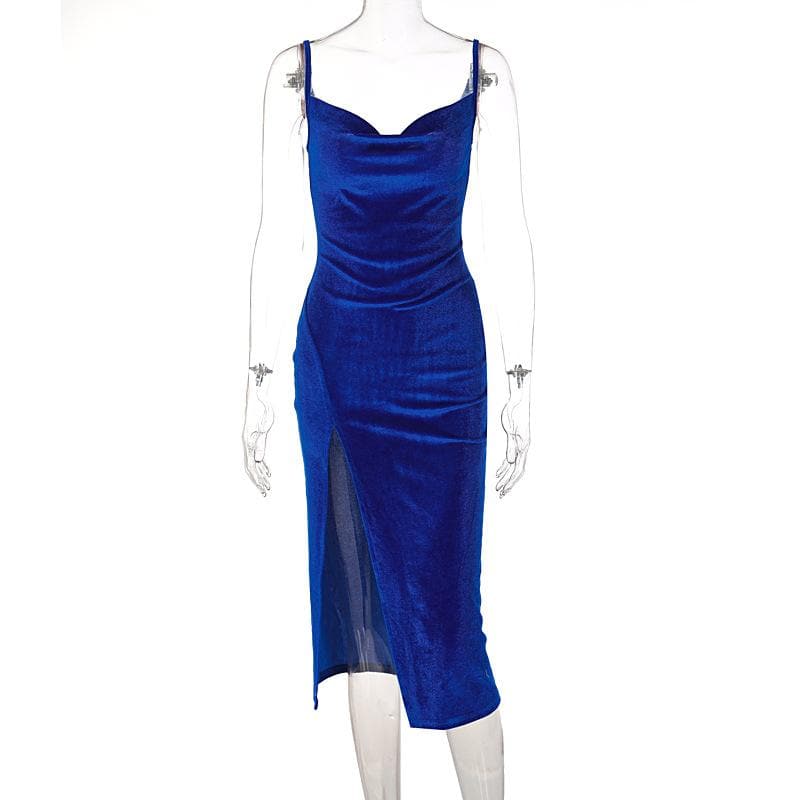 Sleeveless velvet slit cowl neck backless cami midi dress - View 4