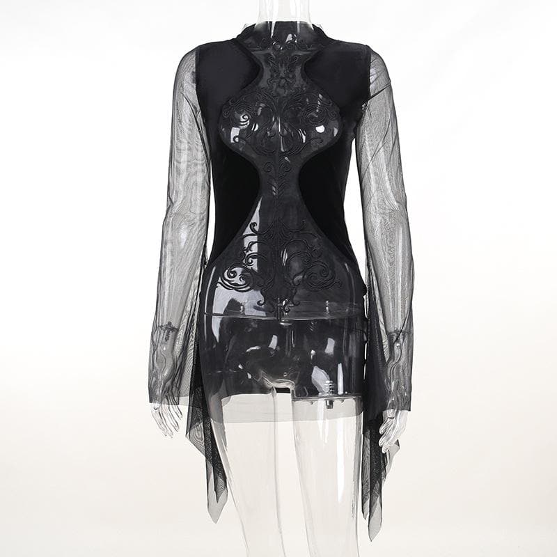 Mesh crewneck long sleeve see through embroidery mini dress - View 3