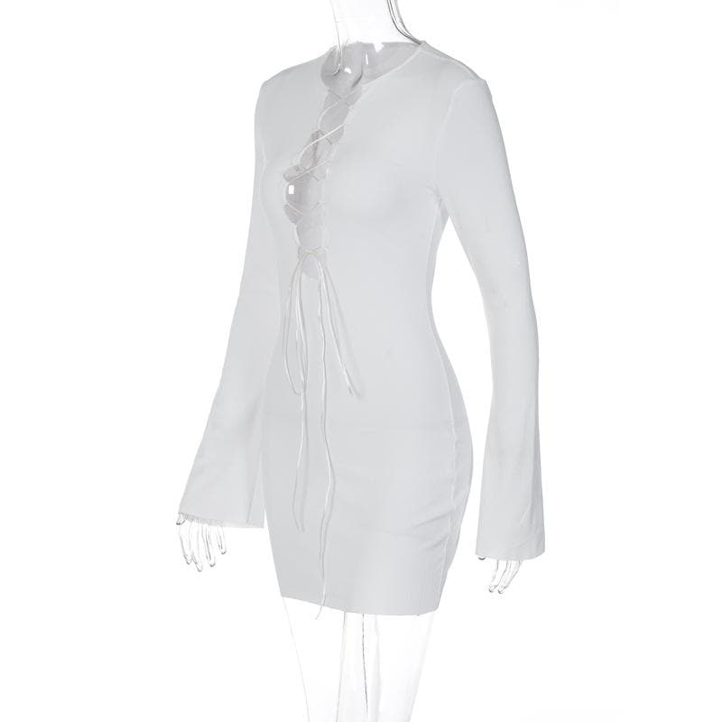Lace up solid long sleeve ribbed self tie mini dress - View 5
