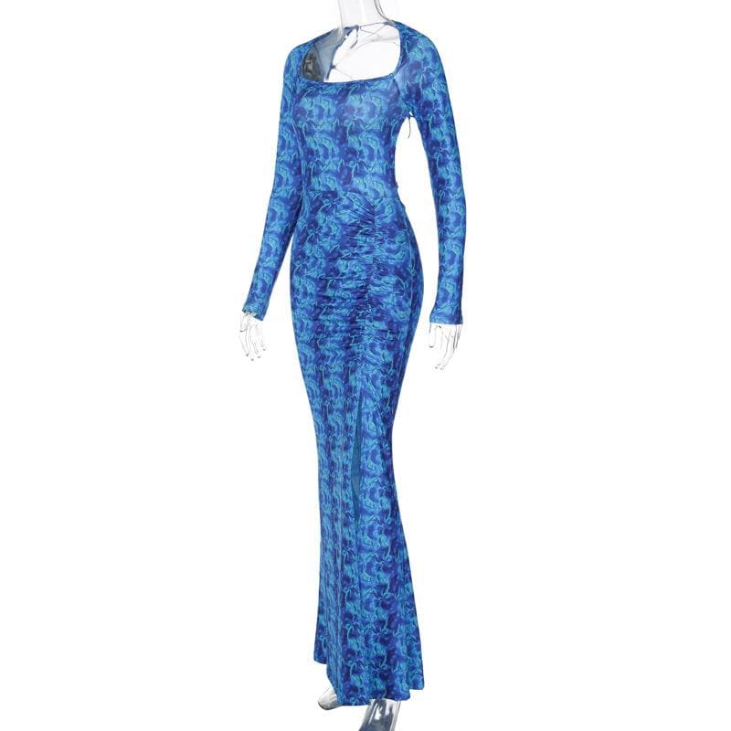 Lace up backless long sleeve slit ruched contrast print maxi dress - View 3