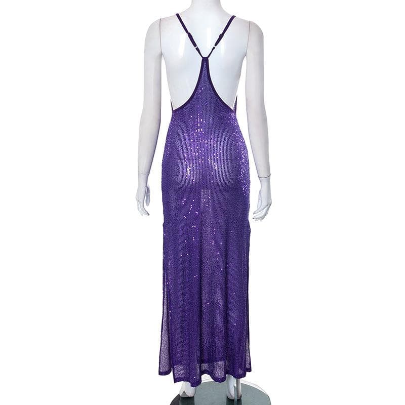 Glitter u neck see through backless cami maxi dress - View 5