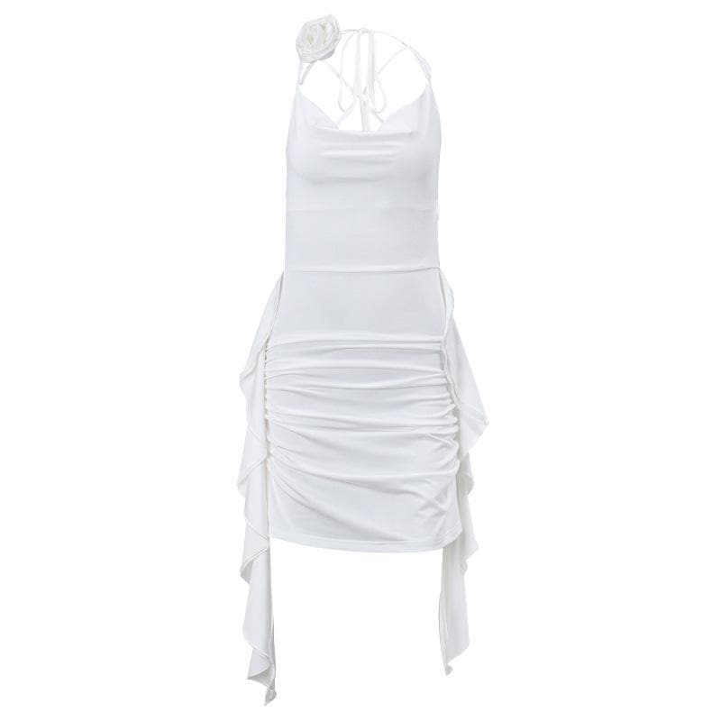 Rosette Cowl Neck Spaghetti Strap Ruched High Low Mini Dress - View 3