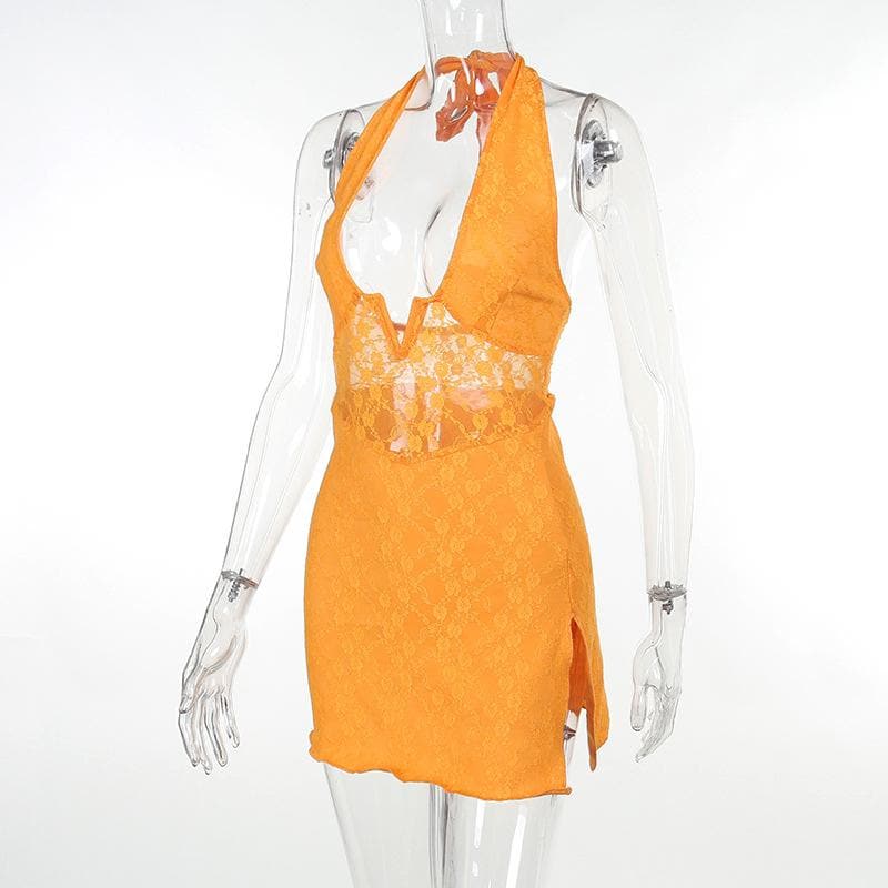 Lace Halter Deep V-Neck High Split Mini Dress - View 5