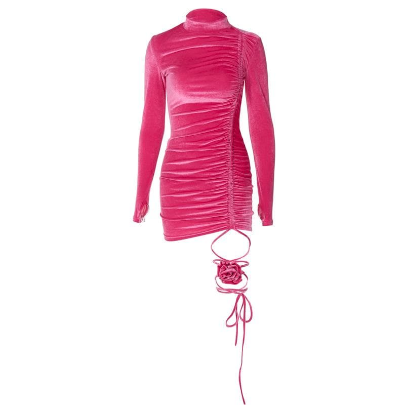 Velvet High Neck Long Sleeve Ruched Rosette Bodycon Mini Dress