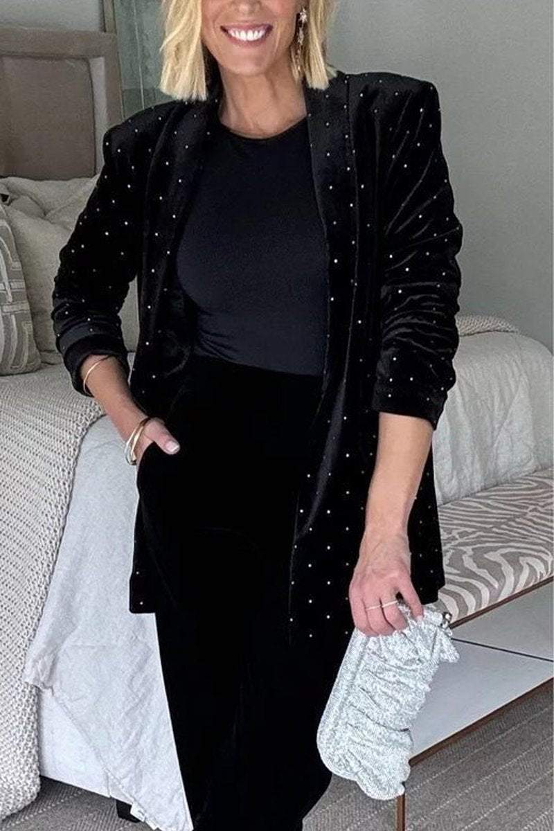 Studded Velvet Notch Lapel Open Front Blazer