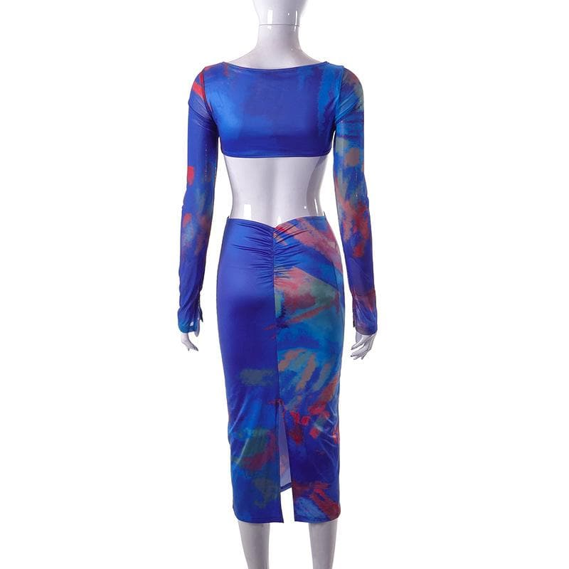Hollow out contrast print long sleeve ruched mesh patchwork midi dress - View 4