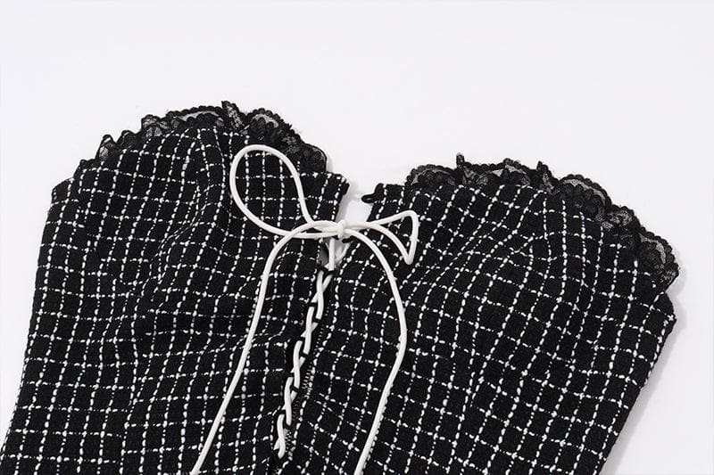 Long sleeve mesh plaid bowknot lace up shrug 2 piece mini dress - View 4