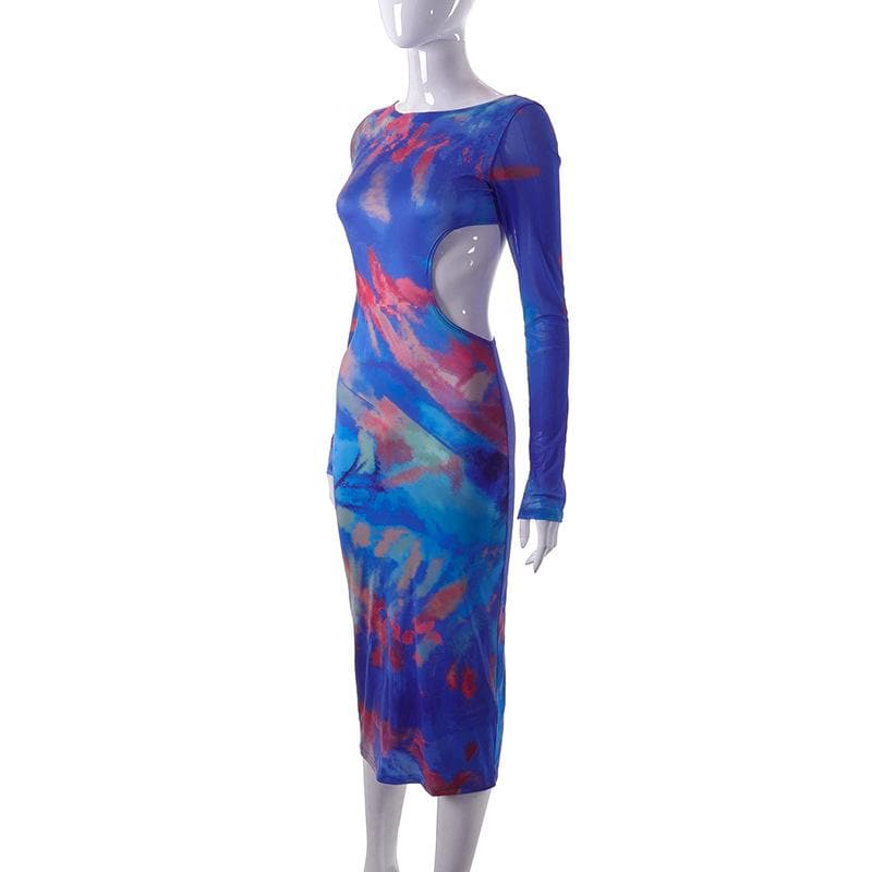 Hollow out contrast print long sleeve ruched mesh patchwork midi dress - View 3