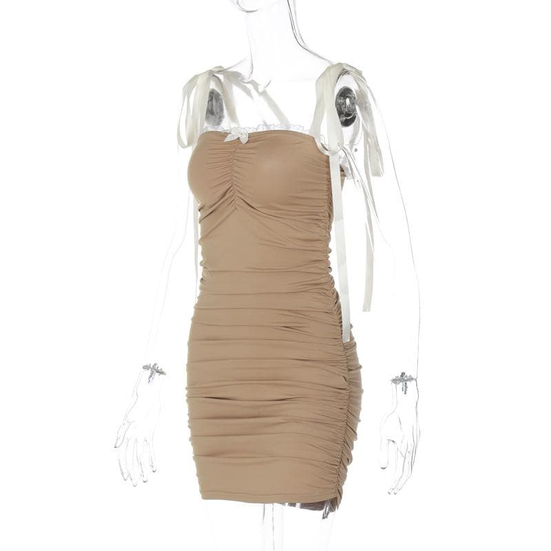 Ruched lace hem self tie square neck backless mini dress - View 9