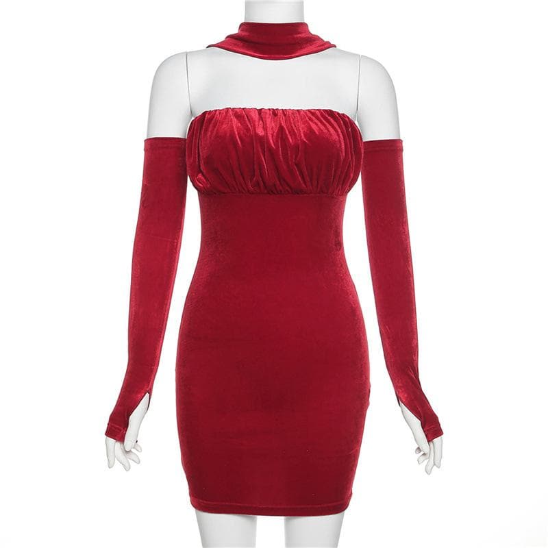 Velvet Halter Neck Glove Sleeve Ruched Bodycon Mini Dress - View 8