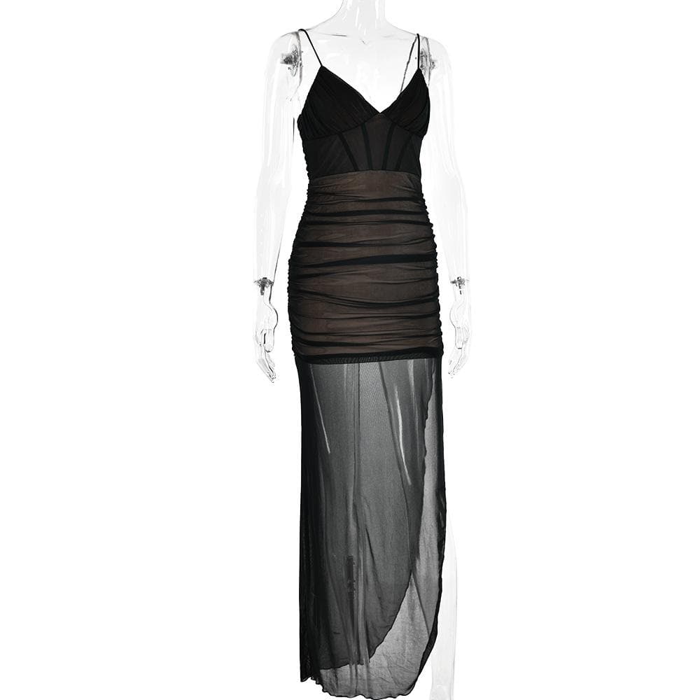 Mesh v neck ruched slit zip-up spaghetti strap maxi dress - View 10