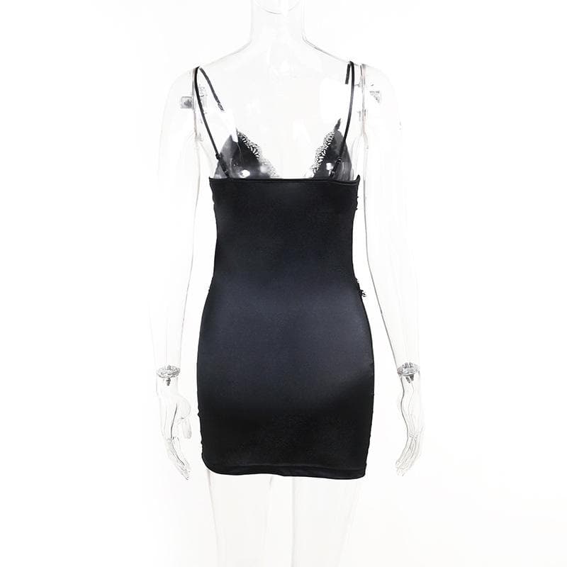 Satin V-Neck Lace Trim Corset Bodycon Mini Dress - View 3