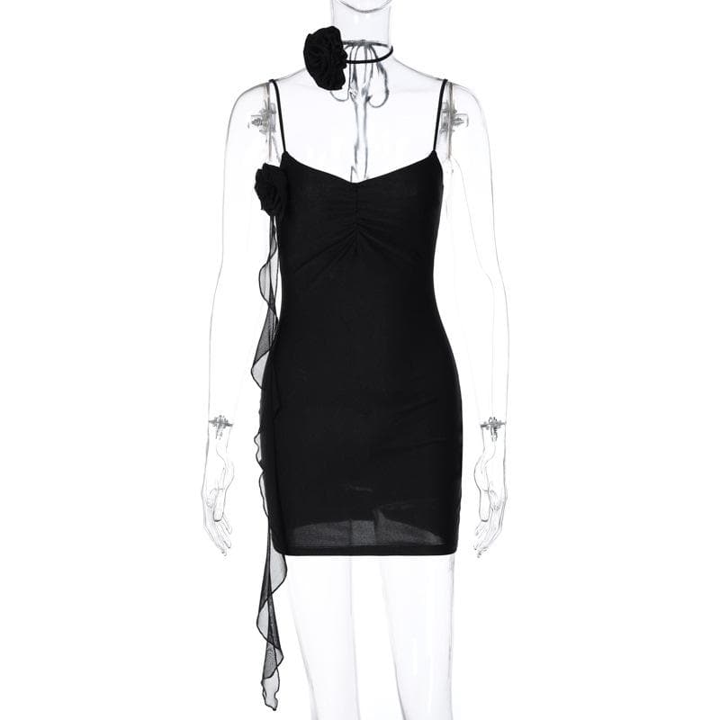 Satin V-Neck Flower Applique Ruched Bodycon Mini Dress - View 9