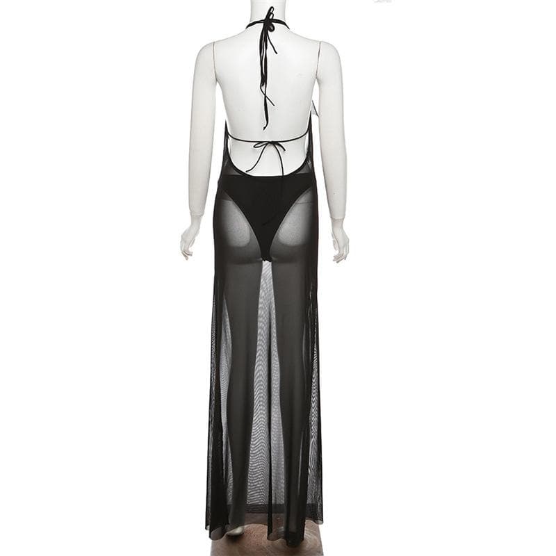 Ruched sheer mesh solid halter self tie backless 3 piece maxi dress - View 4