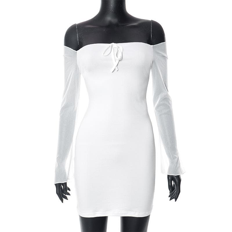 Mesh solid off shoulder long sleeve self tie mini dress - View 8