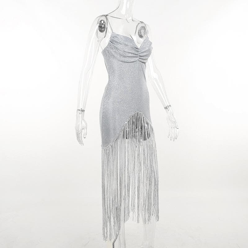Solid ruched textured glitter tassels backless mini dress - View 7