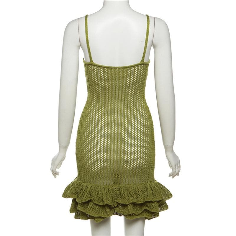 Crochet v neck sleeveless hollow out ruffle mini dress - View 5