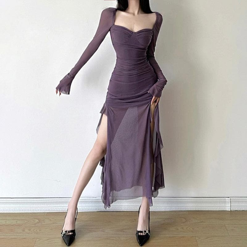 Mesh ruffle solid long sleeve ruched self tie slit maxi dress - View 3