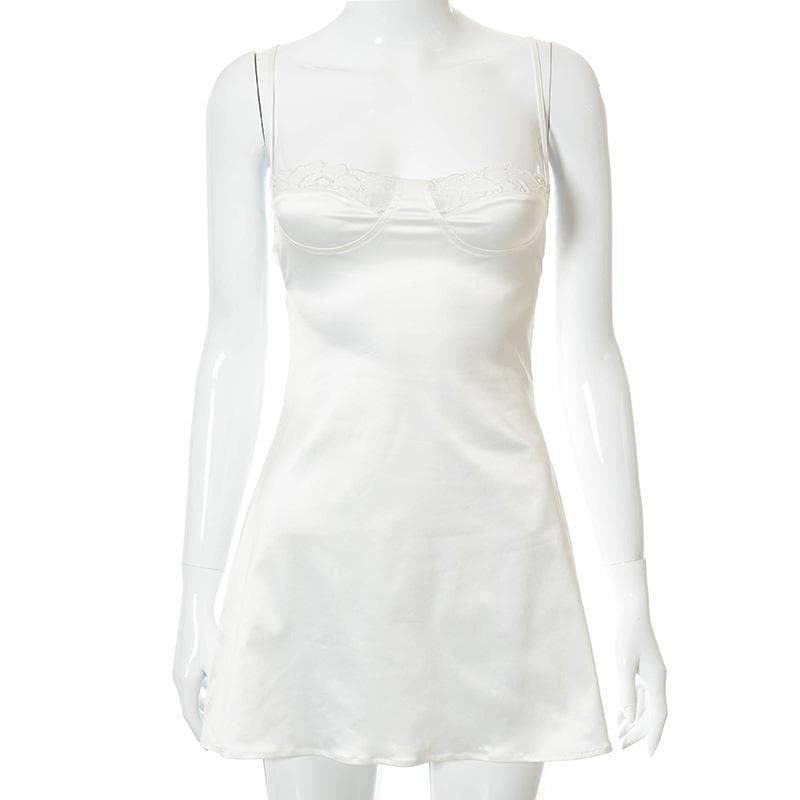 Lace hem satin ruched hollow out backless cami mini dress - View 2